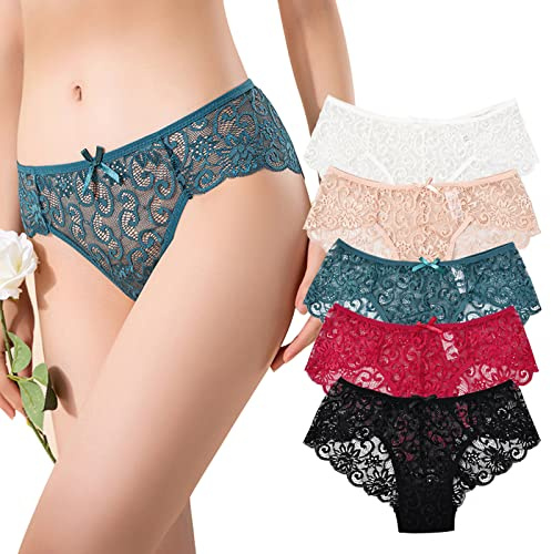 Daelesr Bragas de Encaje para Mujer de 5 Uds., Braguitas de Cintura Baja de Bikinis, Ropa Interior de Encaje, Calzoncillos de Encaje Fino para Mujer de 5 Colores (M)