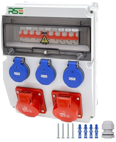 Cuadro de distribución de corriente para obra, de pared, completamente cableado, 32 A, 16 A, 230 V, con caja CEE, contador, IP65, 10. 2x16 A, 3x230 V con LS