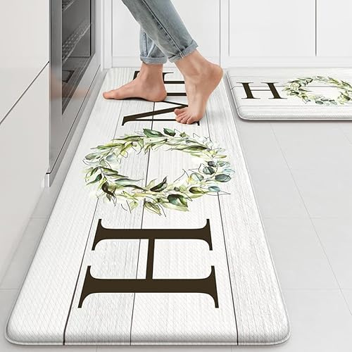 KIMODE Farmhouse Kitchen Mat 2PCS Anti Fatigue Kitchen Rugs Non-Skid Waterproof Kitchen Floor Mat Cushioned Comfort Standing Mat for Office,Laundry,Sink,Home