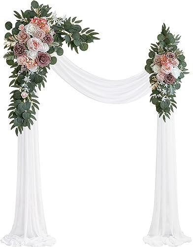 Olalaka Dusty Rose Artificial Wedding Arch Flowers Kit (Pack of 3) with 26Ft White Shiny Arch Draping Fabric for DIY Wedding Party Ceremony Reception Backdrop Floral Decoration