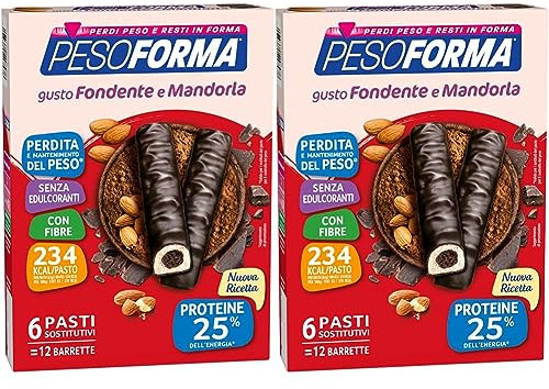Pesoforma Barrette Cioccolato Fondente e Cuore di Mandorla, Pasto sostitutivo per il controllo del peso, Barrette proteiche, Barrette per restare in forma, Solo 234 calorie, 12x31g (Confezione da 2)