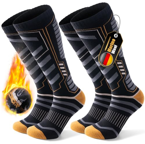 PULIOU Skisocken Merinowolle, Thermosocken Herren Snowboarden, Atmungsaktiv Schnell Trocknend Antiblasen Warme Dicke Merino Socken Für Kaltes Wetter Herren Damen Jugendliche 35-51(2 Paar) Schwarz L