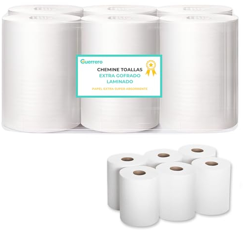 Rollo Mecha Laminado - 6 Unidades de Papel Secamanos Industrial de Celulosa Grande - Chemine Blanco Zig Zag - Bobina para Limpieza Doméstica o Industrial (110)
