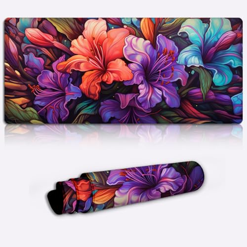 Tangentbordsmusmatta lila Rhododendron XXL spelmusmatta (90 x 40 x 0,3) cm stor skrivbordsmatta med premium texturerad tygmatta för skrivbord och bärbar dator
