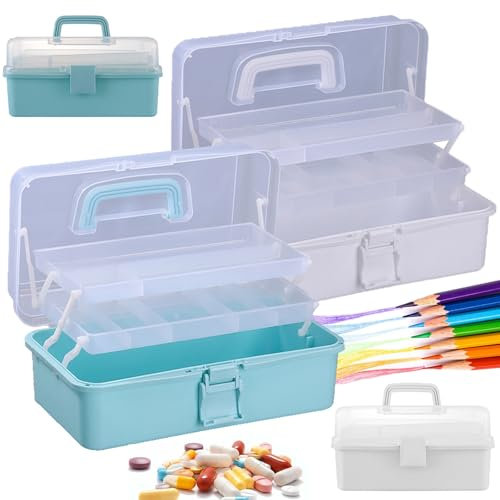 GBACHOOSE 2 Stück 33cm 3-Regal Mehrzweck-Aufbewahrungsbox, Medikamenten Aufbewahrung Box, Hausapotheke Organizer, Medicine Organizer Box, Bastelkoffer Leer, Medizinbox, Arzneimittel Box (Weiß+Blau)