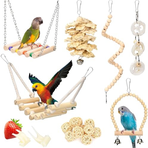 18 Pièces Jouet Perroquet, Jouets pour Oiseaux, Jouet Perruche, Cage à Oiseaux Perchoir Échelle à Mâcher Hamac Balançoire à Mâcher pour Pinsons, Petites Perruches et Autres