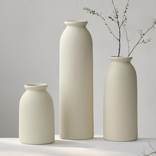 26.6cm Set of 3 Small Ceramic Vases for Home Decor & Table Centrepieces, Rustic Farmhouse Style, Mini Decorative Vases (XL Beige)
