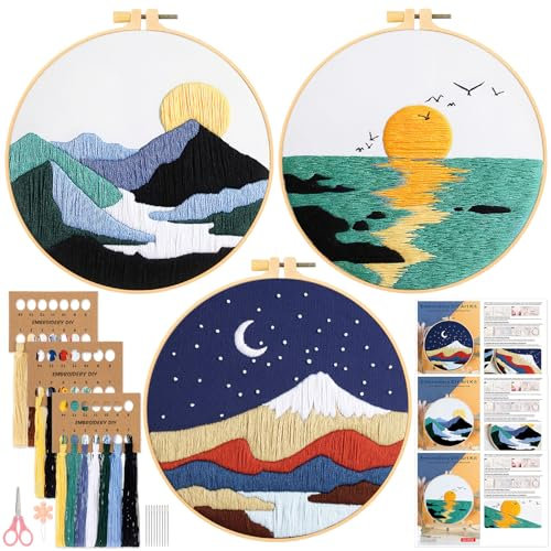 JSRQT 3 Sets Stickerei Set Anfänger Erwachsene, Gestempeltes Kreuzstichset, Stick Starter Set mit Landschaftsmuster, Handgefertigtes Stickenset Embroidery Kit mit Anleitung Stickrahmen Nadel und Fäden