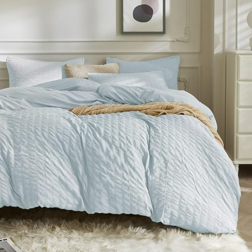 JELLYMONI Baby Blue Duvet Cover Queen Size, 3pcs Washed Microfiber Bedding Set, Soft Breathable Seersucker Duvet Cover Set with Zipper Closure and Corner Ties for All Seasons