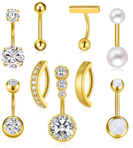 BQMEZRNUS 9PCS Belly Button Bars Belly Bar Dangly Belly Button Piercing Jewellery Gold Belly Button Bars Belly Button Rings 14G Navel Bars Belly Button Rings for Women Girls