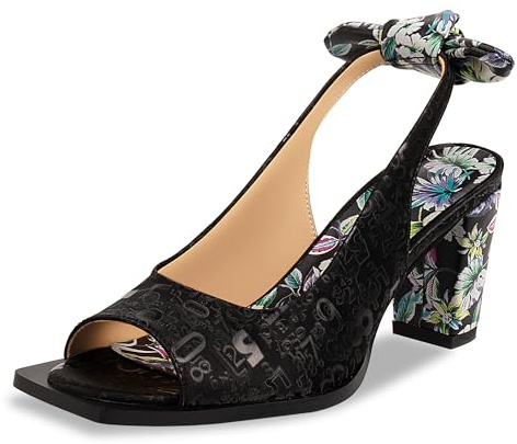 yowmns Women's Floral Print Chunky High Heel Peep-Toe Strappy Sandals Slingbacks Bow Summer Footwear Pumps Shoes (Black,9)