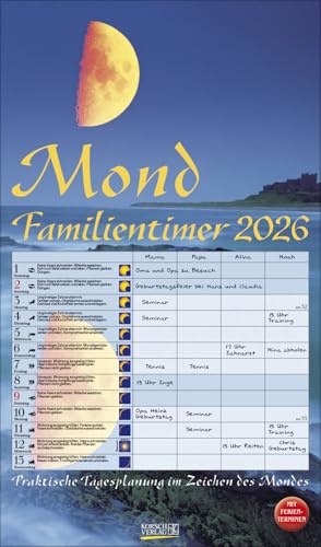 Mond Familienplaner - Kalender 2026 - Korsch-Verlag - Mondplaner mit 4 Spalten und Platz zum Eintragen - 27 cm x 47 cm