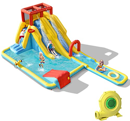 COSTWAY Hüpfburg mit 680W Gebläse, Wasserrutsche, Kletterwand, Basketballkorb, Wasserpistole, Wasserpark für draußen, inkl. aufblasbarem Basketball, Schwimmringen, Tragetasche & Reparaturset