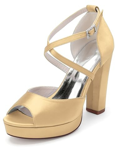 Scarpe da Sposa con Cinturino alla Caviglia Incrociato da Donna per La Sposa Peep Toe Sandali Estivi in Raso Tacco Alto Grosso Scarpe da Vestito con Plateau,d'oro,38 EU