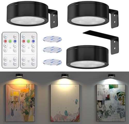 HeatingLux 3 Luces Para Cuadros con Mando, Aplique Luz Cuadros Sin Cable 3 temperaturas de color, Luces Inalámbricas para Cuadros, Luz Pintura LED Magnético para diana, marco de imagen y retrato