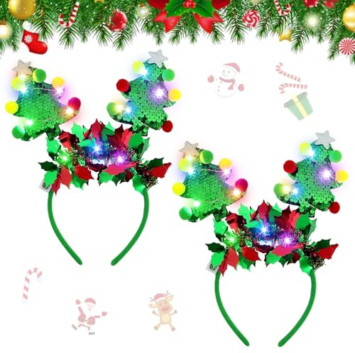 Julpannband, 2 stycken julpannband med LED, lysande julhårdekoration, hårband jul, julhuvudbonad, jultillbehör, julpannband för fest