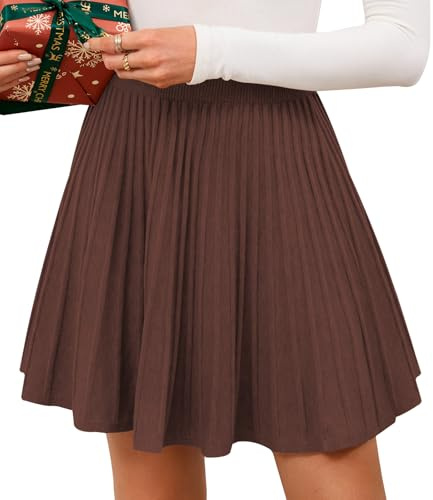 Adigaber Women's Mini Knitted Skirts A-Line High Waist Pleated Skirt Elasticated Waist Winter Skirt Coffee