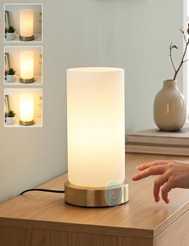 Bedside Lamps, Small Touch Glass Shade Dimmable Table Lamp for Bedroom | 3-Way Dim, 2700K Warm Light, Gold Metal Base, Bulb Included, UK Mains Plug, Compact for Bedside Table Dorm Living Room