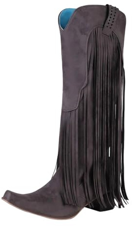 Alloaone Bottes western rétro bleues à bout pointu et talon épais avec rivets et franges, Longueur du genou 2, 44 EU