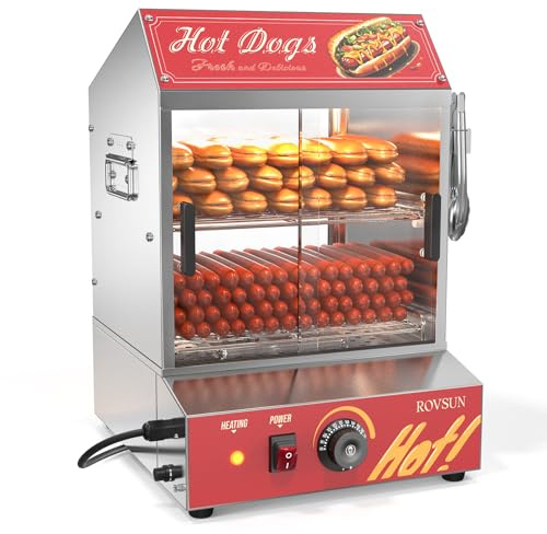 ROVSUN 32QT Hot Dog Steamer 175 Hot Dogs & 40 Buns Capacity, 2-Tier Hut Steamer Hot Dog Steamer and Bun Warmer with Removable Shelves Food Clip for Party Event Concession Stand