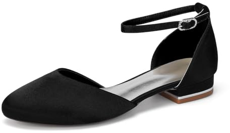 EICOFF Zapatos Planos de Satén con Punta Cerrada para Boda Mujer Bailarinas Correa en el Tobillo Zapatos de Vestir Formales,Negro,41 EU
