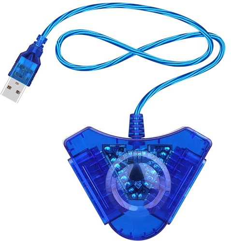 OSTENT Dual USB-kabelomvandlare för Sony Playstation 1/2 PS One PSX trådbunden spelkontroll spelkontroll joystick till PC bärbar dator, blå