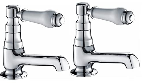 Hapilife Bath Pillar Taps Pair Victorian Traditional Twin Bathroom Bathtub Tap Separated White Ceramic Lever Chrome 2 Holes Mono Hot and Cold Water G1/2’’