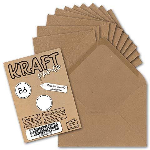 50x Vintage-Umschläge DIN B6 125 x 178 mm Kraftpapier 120 g/m² braun Recycling Brief-Umschläge Nassklebung Spitzklappe - UmWelt by GUSTAV NEUSER