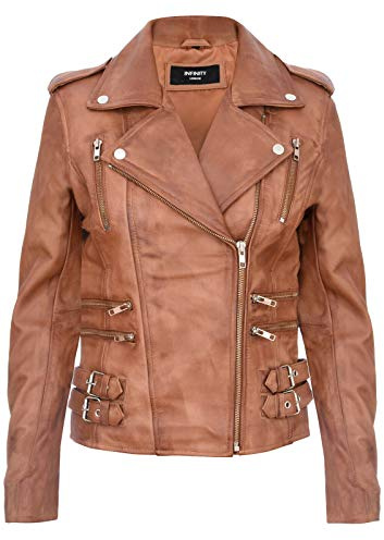 Retro bikerjacka i 100 % läder damer, Solbränna, L