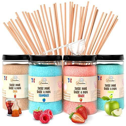 GREENDOSO® Zuckerwatte Zucker für Zuckerwattemaschine (4x320 g) - 4 Sorten (Erdbeere/Cola/Himbeere/Apfel) + 50 Stäbchen
