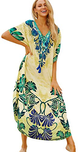 L-Peach Strandtunika, strandklänning, sommarklänning, strandskjorta, maxi-kaftan, badkläder, cover up för damer, Grön gul, En Storlek