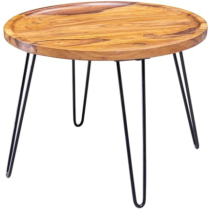 Wohnling Couchtisch Sheesham Massivholz 60x45x60 cm Wohnzimmertisch Rund, Sofatisch mit Haarnadelbeine, Kaffeetisch aus Holz und Metall