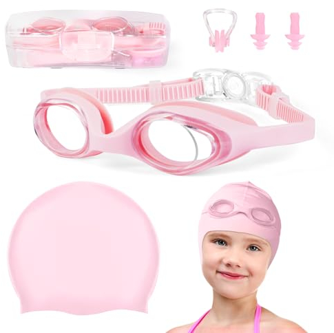 flintronic Schwimmbrille Kinder, Antibeschlag + UV-Schutz Schwimmbrille mit Schwimmkappe, keine auslaufende weiche Silikon-Nasenstegbrille für Mädchen und Jungen-Rose
