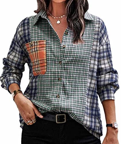 Deer Lady Camicia da donna in flanella scozzese casual button down camicie oversize a maniche lunghe camicetta top, Z-navy verde, 3XL