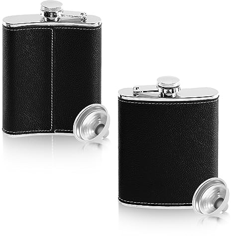 2 Pack Hip Flasks for Liquor Black Lychee Pattern 8oz Stainless Steel Spillproof Funnel Wine Glass with 2 Pcs Funnels for Parties, Birthday Parties, Gifts for Men