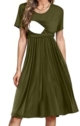 Vestido de lactancia para mujer, manga corta, patchwork, ropa de embarazo con bolsillos, Verde militar, Large
