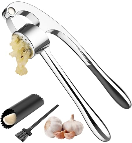 Spremiaglio, GeeRic Schiaccia Aglio+Pelatrice+Spazzola Extra Forte Durevole Antiruggine Professionale Facile da Usare Pulire Schiaccia Zenzero Aglio Condimento Resistente Spremiaglio per Cucina