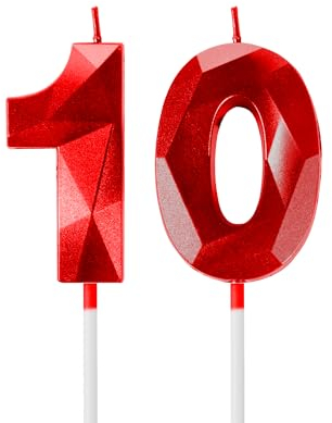 Red 10th Birthday Candles for Cake, Number 10 Candle for 10th Birthday Decorations, 3D Design Cake Topper Decor for Boy Girl Women Men Birthday Theme Party Weddings Anniversary Celebration Supplies