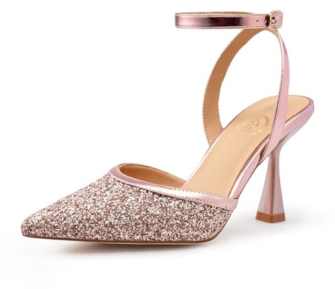 Trary Rose Gold Heels Women Slingback Pointed Toe Stiletto Heels Ankle Strap Comfortable Women's Pumps Glitter 3.35 Heel Work Party Wedding Dress Shoes, Size 9