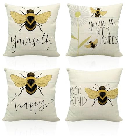 USHXVG 4 Pieces Cushion Cover, Bee Pillow Cover, Linen Pillow Cover, Cartoon Animal Cushion Cover, Pillow Accessories, Living Room Sofa Bed Decoration