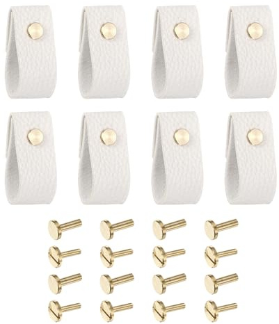 QUARKZMAN Lot de 8 Poignées de Tiroir en Cuir, Remplacement des Boutons Traditionnels pour Tiroir de Commode, Placard, Armoire de Cuisine, Blanc