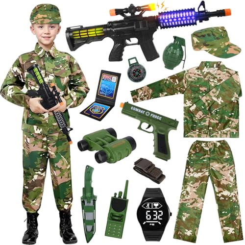 Costume Militare Bambino, Vestito Carnevale Con Mimetica Uniforme, Telescopio, Walkie-Talkie, Pistola Giocattolo per Halloween Bambini