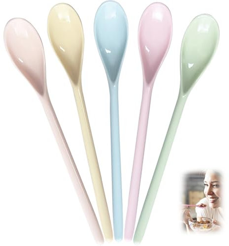 luckaide Cucharas de huevo de plástico, 5 piezas, cucharas largas coloridas reutilizables, cucharas de café de plástico, cucharas de yogur, cuchara de mermelada, cuchara de mango largo, para vajilla