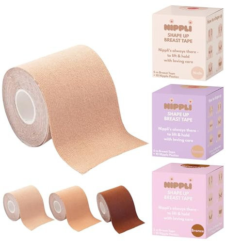 Nippli Shape Up Breast Tape (Nude) – NippelCover 7,5cm x 5m, inkl. 10 Nipplepads – Brust Tape – für den perfekten Halt ohne BH – Feuchtigkeitsbeständig & extra Breit