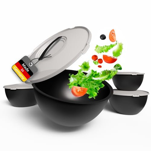 BigDean Salatschüssel Set groß mit Deckel, Schüssel 4 Größen 0,7-6 L in Anthrazit Schwarz, Kunststoff BPA-frei Salatschüssel Made in Germany