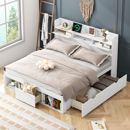 Sapgaks Lit 160x200 avec Sommier USB et Tiroirs, Lit Coffre 160x200 avec Rangement 2 en 1 et Tete, Rembourré Multifonctionnel avec à Lattes, Cadre de 160 x 200(sans Matelas)