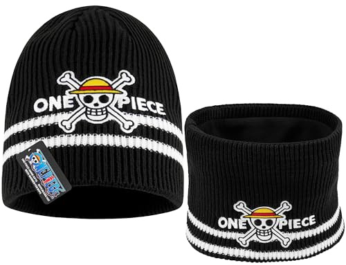 Get Trend One Piece Bonnet Garçon Ensemble Bonnet Tour de Cou Enfant et Ado, 2 Pièces, Chapeau et Snood Garcon, Cadeau Anime (7-14 Ans, Noir One Piece, 2)