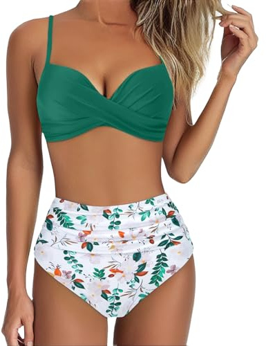 2025 Conjunto de Bikini Mujer Cintura Alta Ruched Traje de Baño Tirantes Desmontable Push Up Bañador Dos Piezas