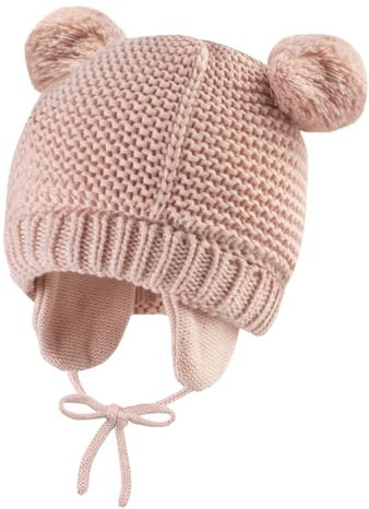 Mayoii Wintermütze Baby mit Ohrenklappen – Weiche gestrickte Baby Mütze Neugeborene mit niedlichen Bärenohren, gefütterte warme Baumwoll-Beanie für Kleinkinder (DE/NL/SE/PL, Alphanumerisch, M, Rosa)