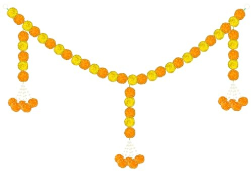 Jour des morts Guirlande de fleurs de calendula artificielles orange et jaune 152,4 cm Guirlande à suspendre avec pompons en plastique pour autel de Día de Los Muertos